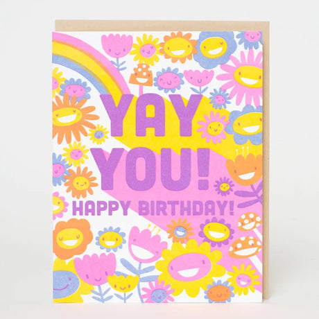 Yay You! Birthday Card with colorful smiling flowers and a rainbow, letter-pressed in the USA by Egg Press.