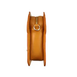 Side view of the Crossbody Handbag | Smoked Salmon Toast showing its compact, golden toast-inspired design with zipper detail.