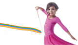 A child holding a stick with a really long rainbow ribbon (up to 12 ft / 3.7 m), twirling the ribbon as she dances.