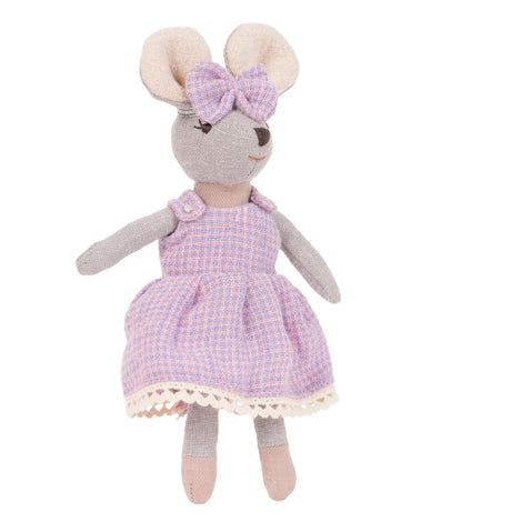 Handmade mouse doll dressed in a soft purple dress with a matching bow on its head, perfect for gentle play.