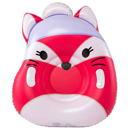 Snow Tube | Squishmallows Fifi the Fox inflatable red fox snow tube with pom pom beanie and side handles for kids.
