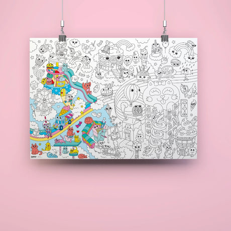 Giant kawaii coloring poster with cute, whimsical characters and fantasy scenes partially colored on pink background.