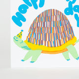 Happy Birthday Turtle Card featuring a colorful turtle wearing a party hat, letter-pressed in the USA by Egg Press.