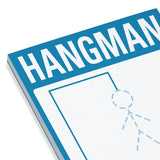 Close-up of a Hangman game sheet from the On-the-Go Game Pad with a blue header and blank game spaces