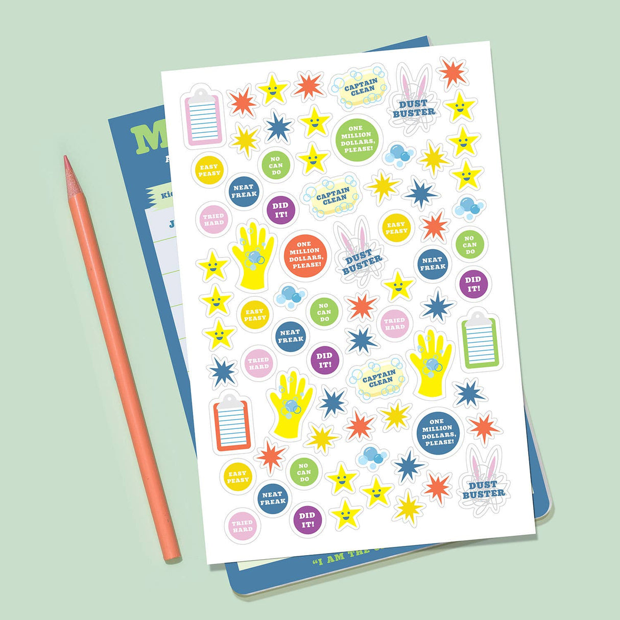 Colorful reward stickers with phrases and stars for motivating kids on their chore chart pad
