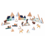 Crossroads White Valley Building Blocks wooden set with village houses, mountains, animals, and figures for kids aged 2 and up.