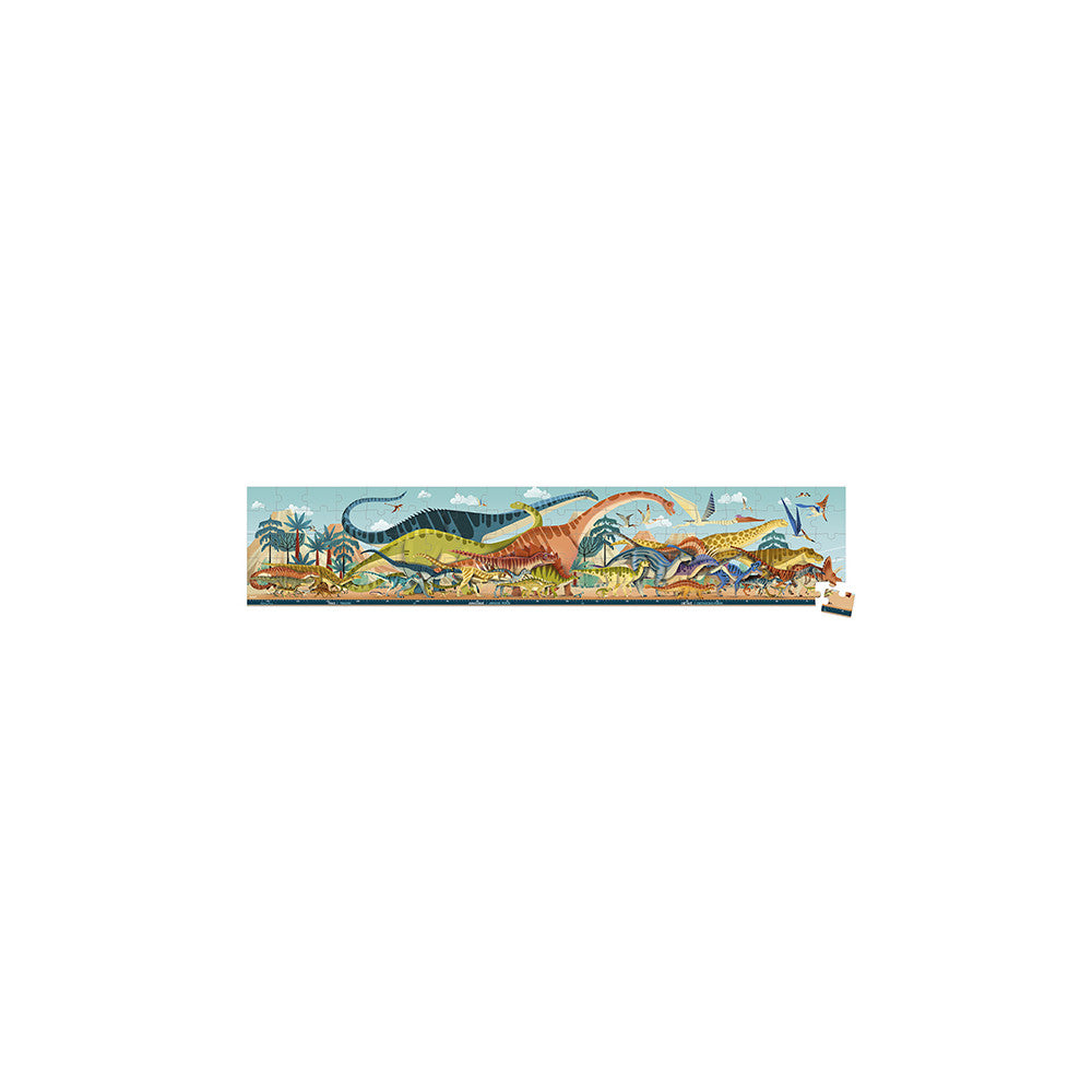100pc Age of Dinosaurs Suitcase Puzzle showing a colorful prehistoric scene with various dinosaurs for kids ages 6 and up.