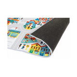 Crossroads City Play Mat showing colorful city streets, buildings, and non-slip backing for children's imaginative play.