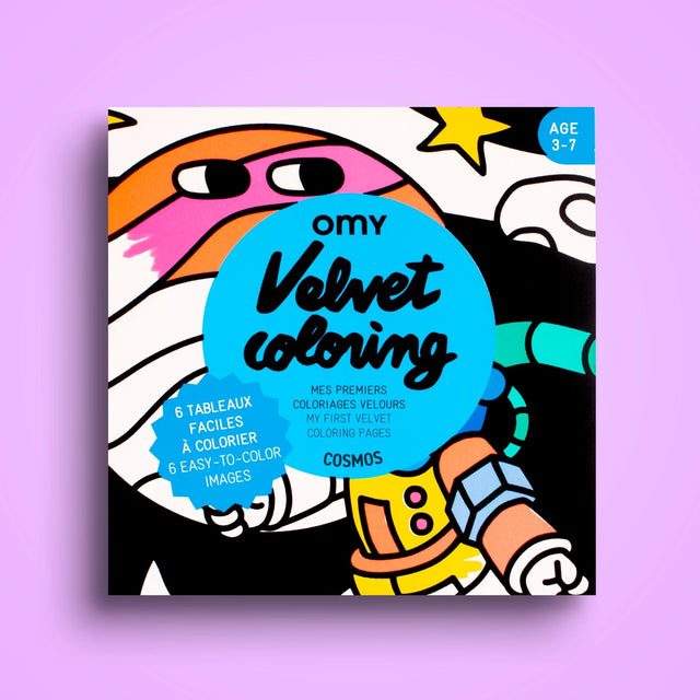 Packaging of Velvet coloring set featuring a colorful astronaut and space-themed design for children ages 3 to 7