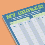 Weekly chore chart for kids with columns for job tracking from Monday to Sunday on a colorful pad