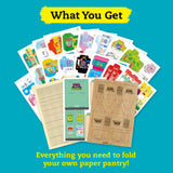 Super Mini Market papercraft kit with colorful grocery package punch-outs and instructions for creating a mini paper market.