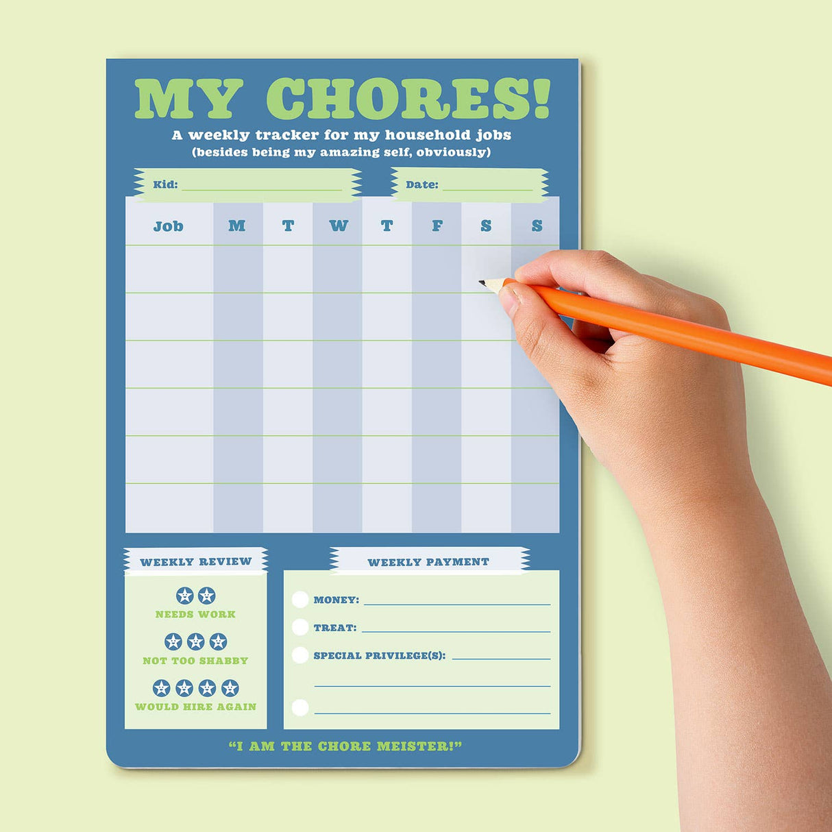 Child filling out a colorful weekly chore tracker chart designed for kids to organize household tasks and rewards.