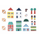 Crossroads City Building Blocks wooden set with colorful house parts, roofs, windows, characters, animals, and trees for kids.