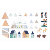 Crossroads White Valley Building Blocks set with wooden mountain, village pieces, animal and human figures for creative play.