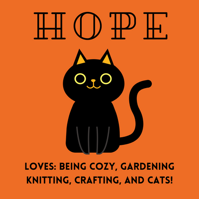 Black cat illustration with yellow eyes on orange background and text about cozy hobbies and cats.