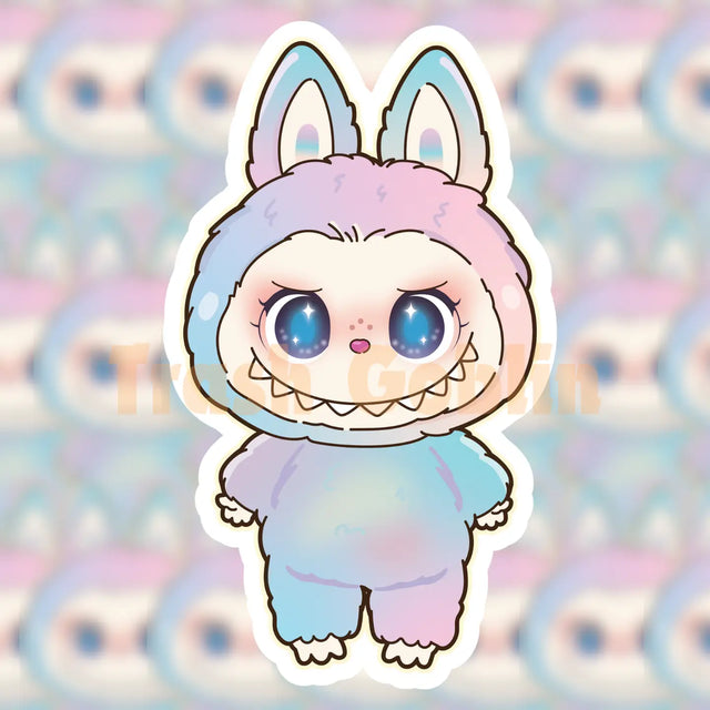 Cute pastel rainbow character with big sparkly eyes and bunny ears in a soft vinyl sticker design