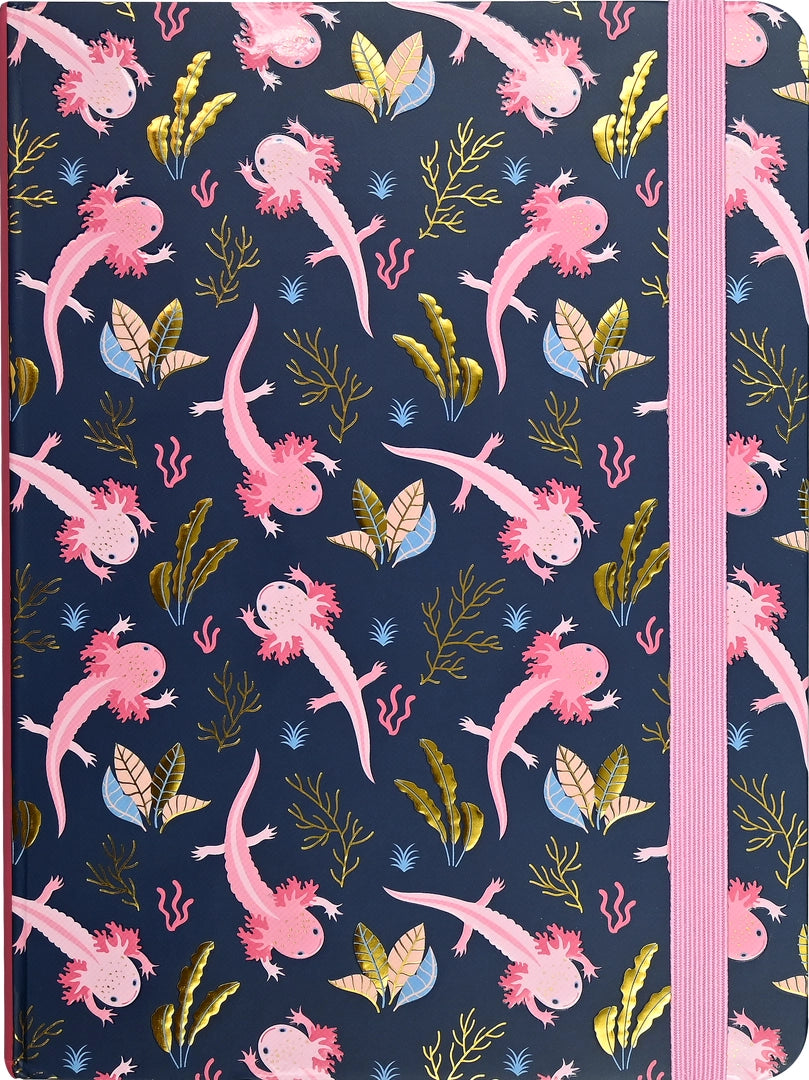 Journal cover with playful pink axolotls and gold foil seaweed pattern on dark blue background with pink elastic band closure