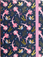 Journal cover with playful pink axolotls and gold foil seaweed pattern on dark blue background with pink elastic band closure