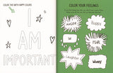 Open pages of a children's activity book with coloring exercises about feelings and positive affirmations.