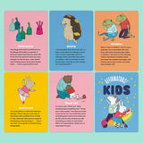 Six colorful kids affirmation cards with cute animal illustrations promoting kindness, beauty, gratitude, and understanding differences.
