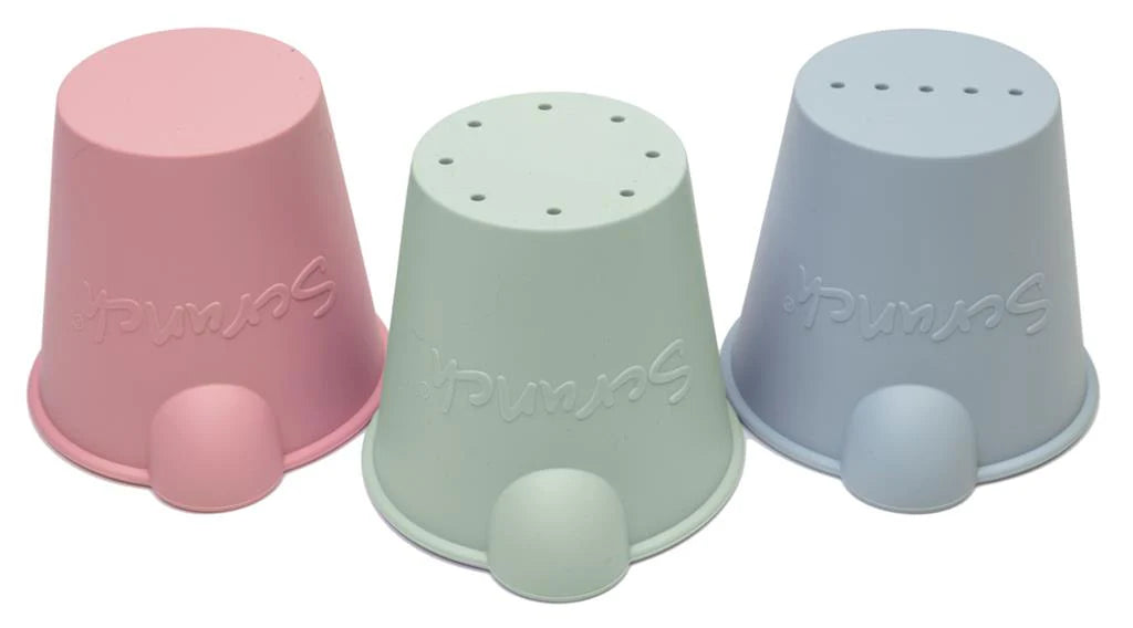 Scrunch Mini Bath Buckets 3 pack in pastel pink, green, and blue for fun bath or beach play.