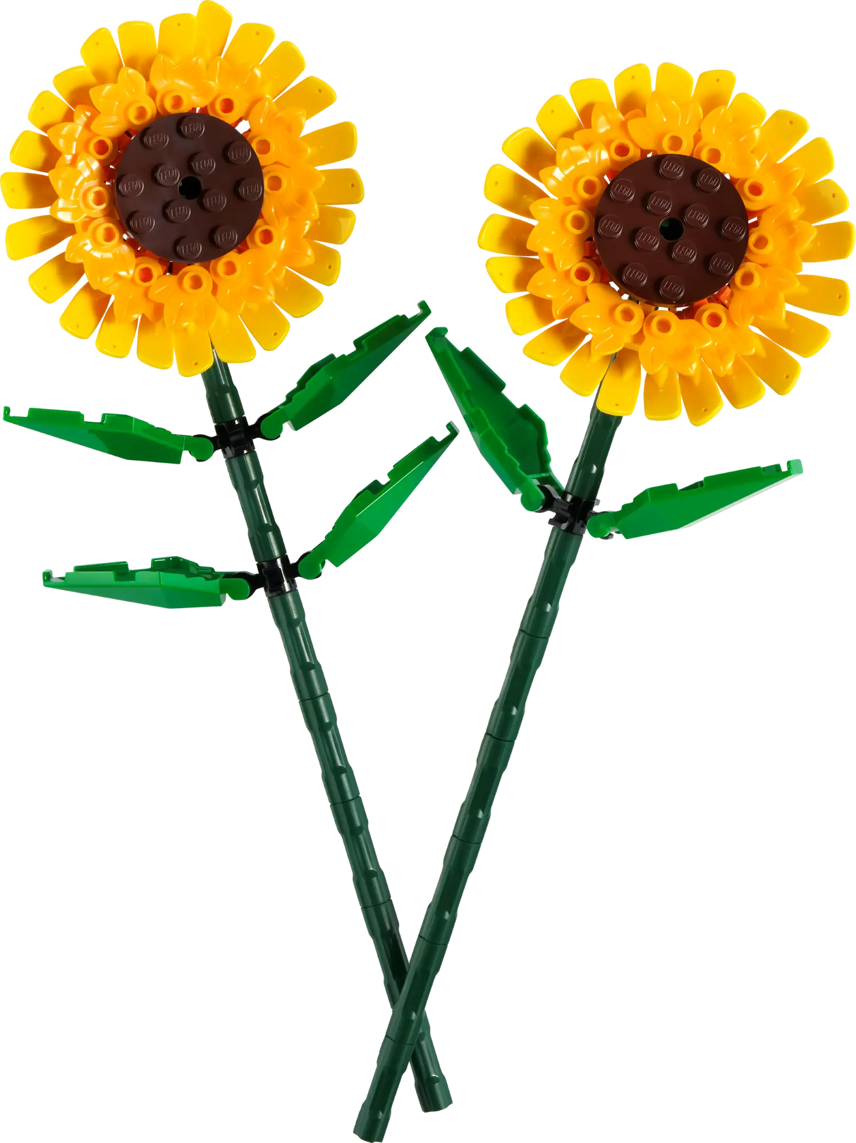 Botanicals Sunflowers LEGO model shows two bright yellow sunflowers with green stems and leaves.