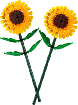 Botanicals Sunflowers LEGO model shows two bright yellow sunflowers with green stems and leaves.