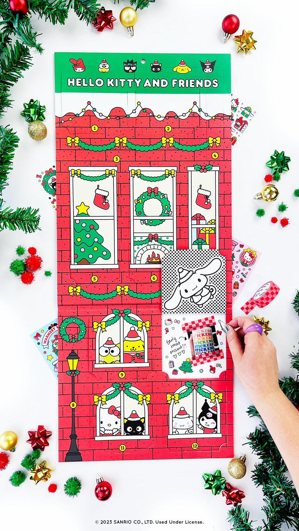 Hello Kitty And Friends Christmas Sticker Advent Calendar with festive holiday window designs and sticker surprises.
