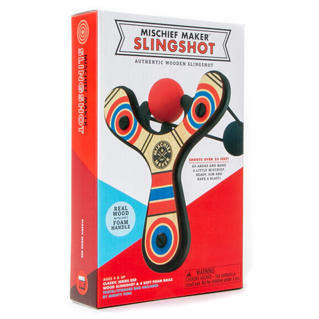 Classic wooden slingshot toy with colorful target design and soft foam balls for safe outdoor fun ages 4 and up