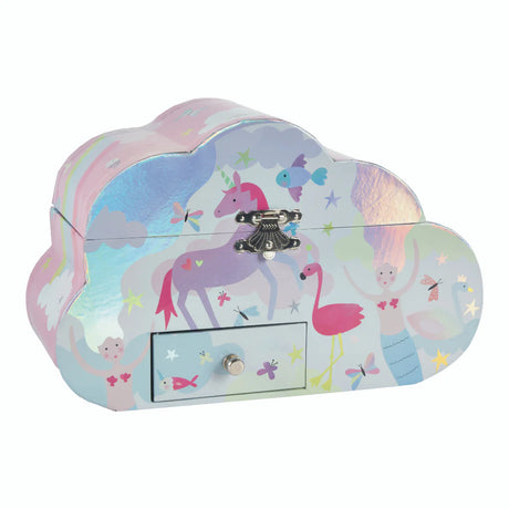 Jewelry Box | Fantasy Cloud featuring unicorn, flamingo, mermaid illustrations with a storage drawer and shiny holographic finish.