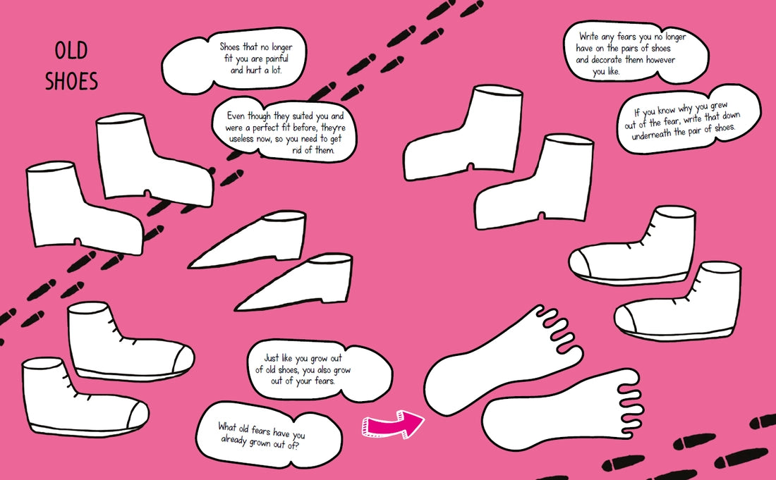 Illustration showing old shoes and footprints with encouraging messages about growing out of fears and old worries.