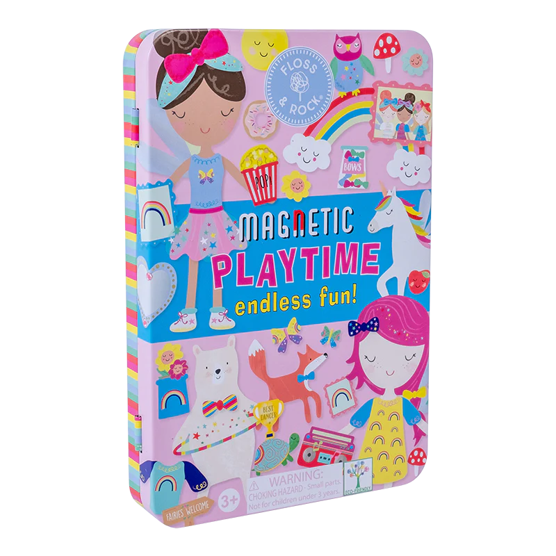 Magnetic Playtime | Rainbow Fairy magnetic tin with colorful pop-out pieces and vibrant play scenes for imaginative fun.
