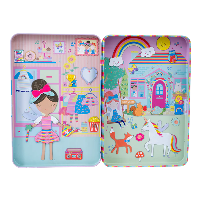 Magnetic Playtime | Rainbow Fairy with 3 sheets of pop-out magnets and 2 colorful play scenes in a reusable tin.