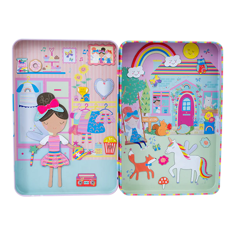 Magnetic Playtime | Rainbow Fairy with 3 sheets of pop-out magnets and 2 colorful play scenes in a reusable tin.