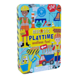 Magnetic Playtime | Construction tin with colorful builder magnets, trucks, and play scenes for creative fun on the go.