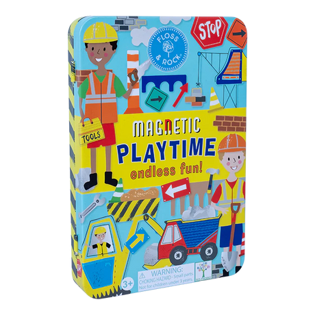 Magnetic Playtime | Construction tin with colorful builder magnets, trucks, and play scenes for creative fun on the go.