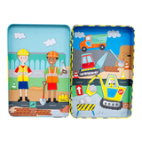 Magnetic Playtime | Construction tin with bright magnetic builders, diggers, trucks, and 2 fun play scenes for kids.