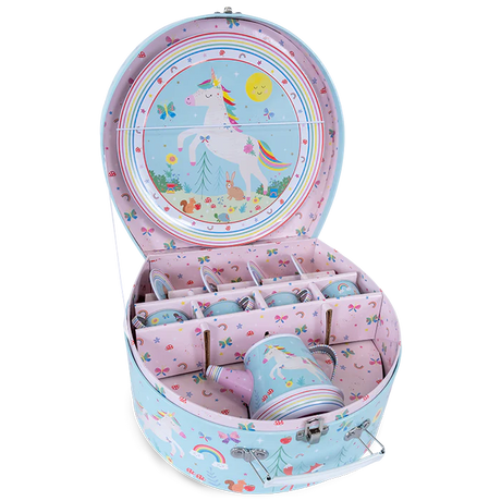 Musical Tea Set | Rainbow Fairy with unicorn design, teapot playing tune, cups, and carry case for imaginative play.