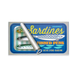 Box of three black ink pens designed to look like sardines in an open tin can with a blue label.