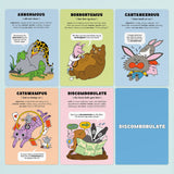 Colorful flashcards featuring funny multisyllabic words with playful illustrations and child-friendly definitions for learning.