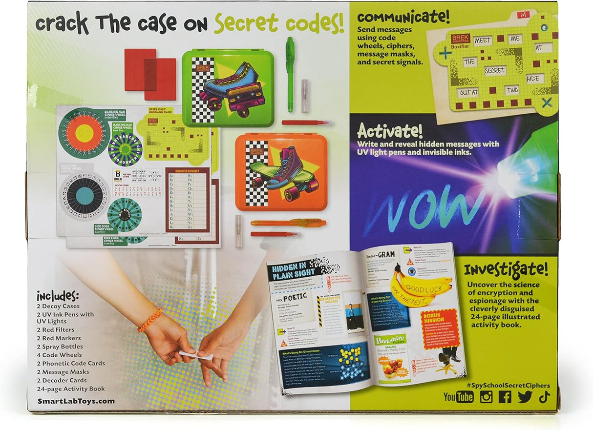 Spy School Secret Ciphers kit with message cases, code wheels, UV pens, filters, and activity book for kids 8 and up.