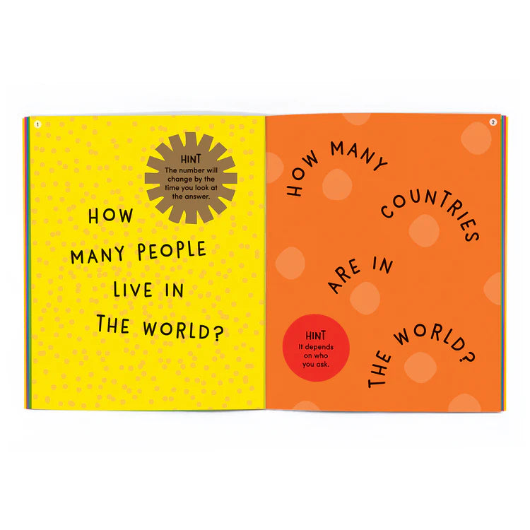 Open page of a book with bright colors and simple questions.