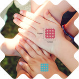 Natpat | Magicpatch Natural Itch Relief Stickers applied on kids' hands showing size and usage for bug bite relief.