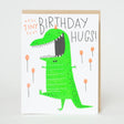 Tiny Birthday Hugs Dino Card featuring a cheerful green dinosaur and playful lettering, letter-pressed in the USA by Egg Press.