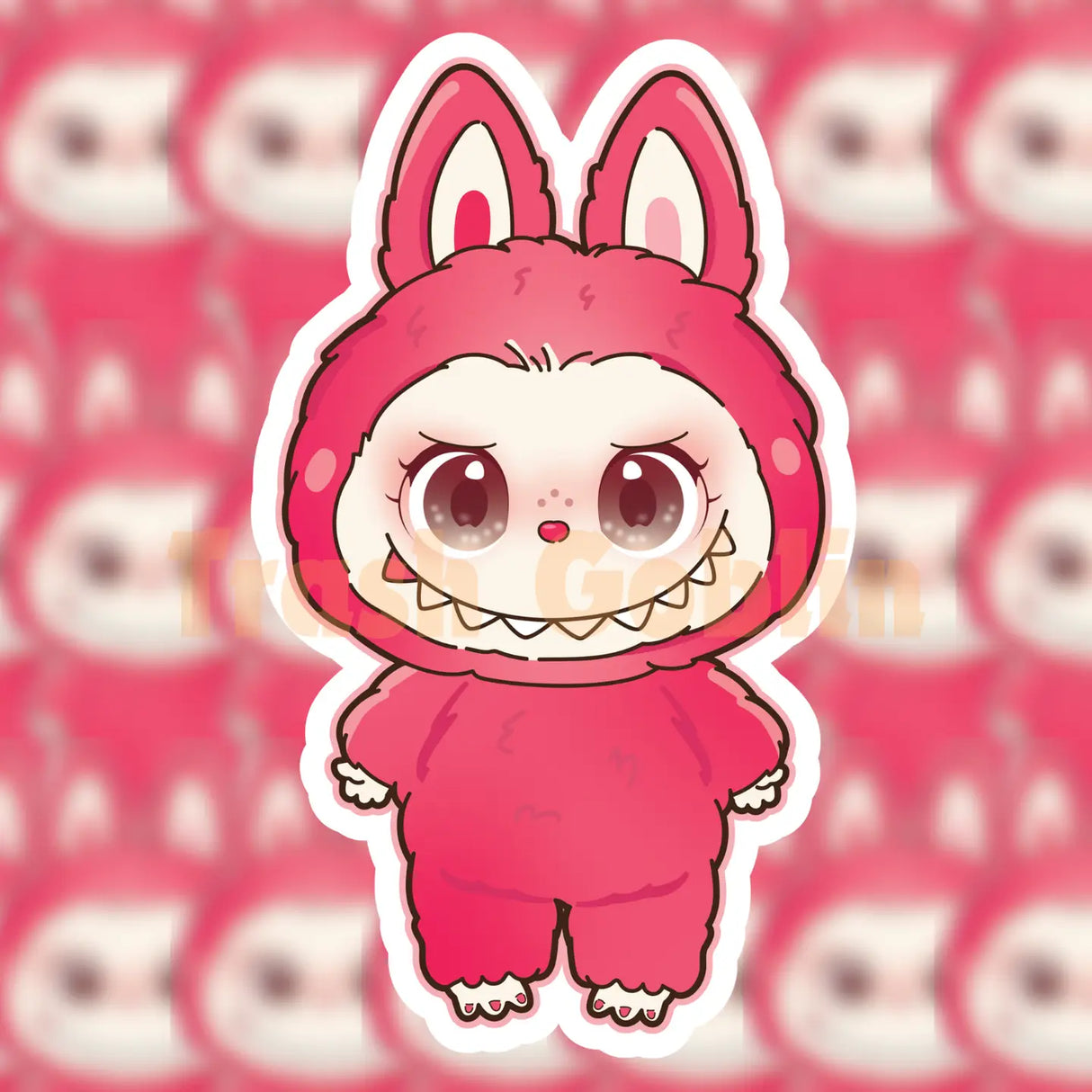 Cute hot pink vinyl sticker of a character in a bunny suit with big eyes and a playful grin
