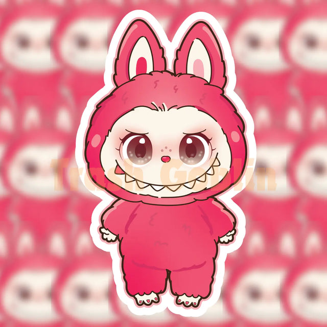 Cute hot pink vinyl sticker of a character in a bunny suit with big eyes and a playful grin