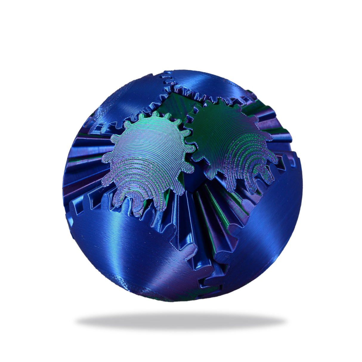 Blue metallic interconnected gear components forming a spherical shape-shifting toy Gear Ball.