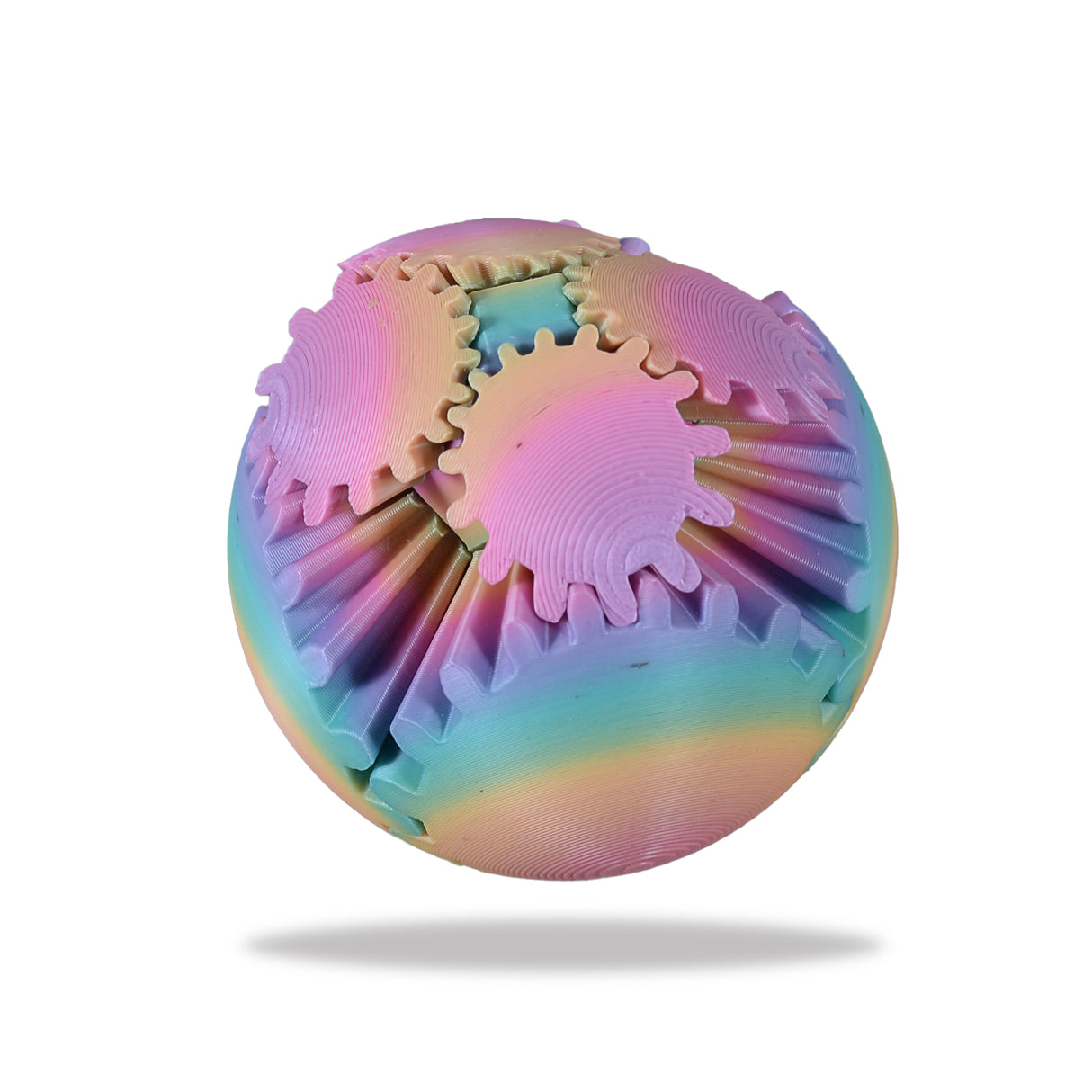 Gear Ball showing interconnected colorful gears blending pink, blue, and purple hues in a spherical shape.