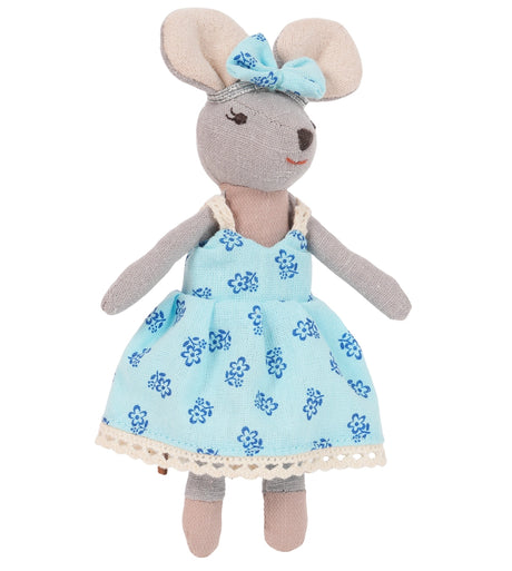 Handmade soft linen mouse doll wearing a light blue floral dress and matching bow on head.