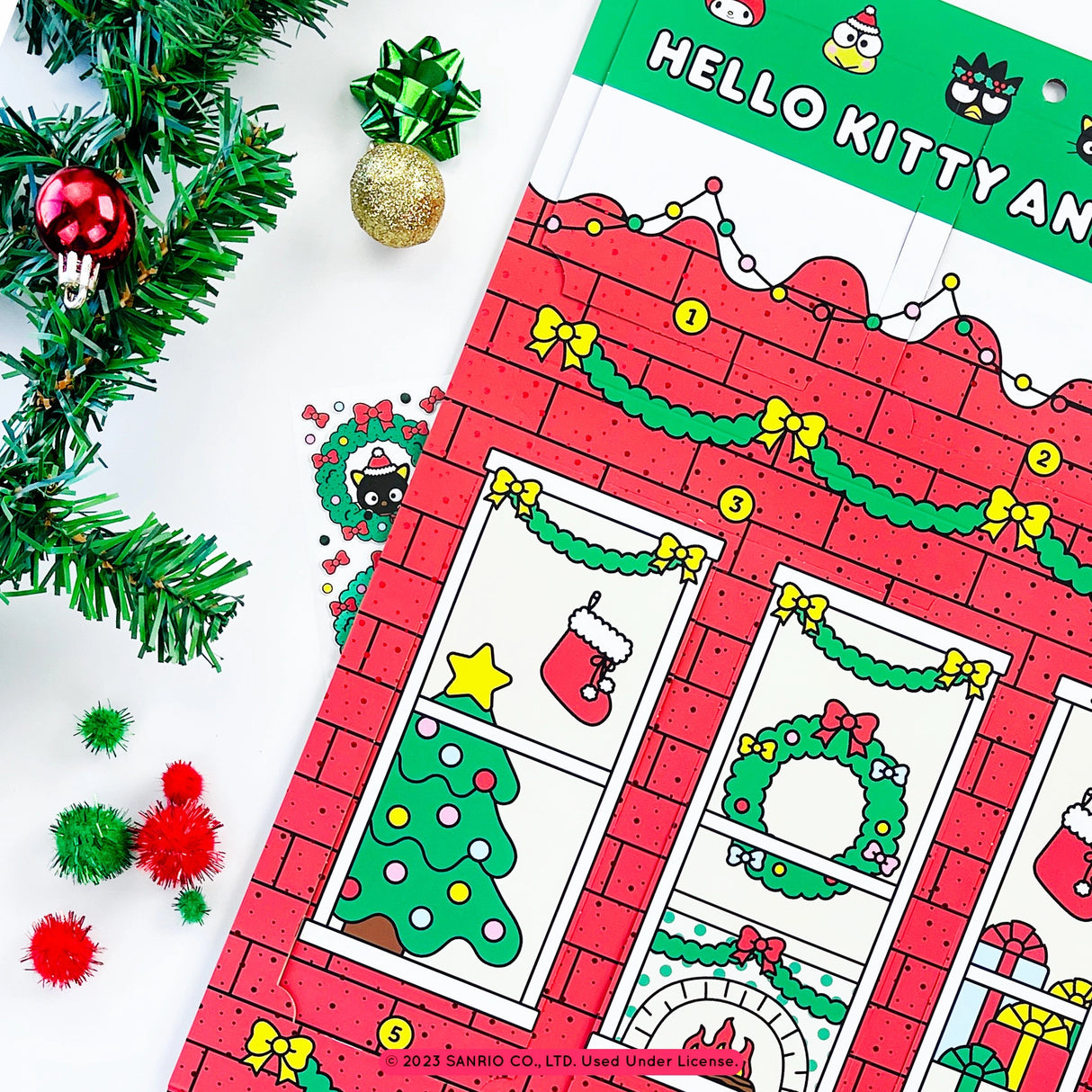 Hello Kitty And Friends Christmas Sticker Advent Calendar with festive holiday decorations and numbered sticker flaps.